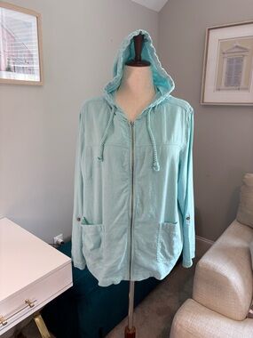 J. Jill Light Aqua Linen Hooded Zip Jacket